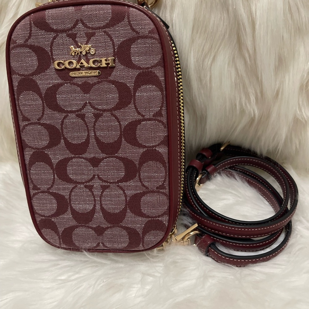 Coach Eva Phone Crossbody Bag in Signature Chambray (Wine/Gold)